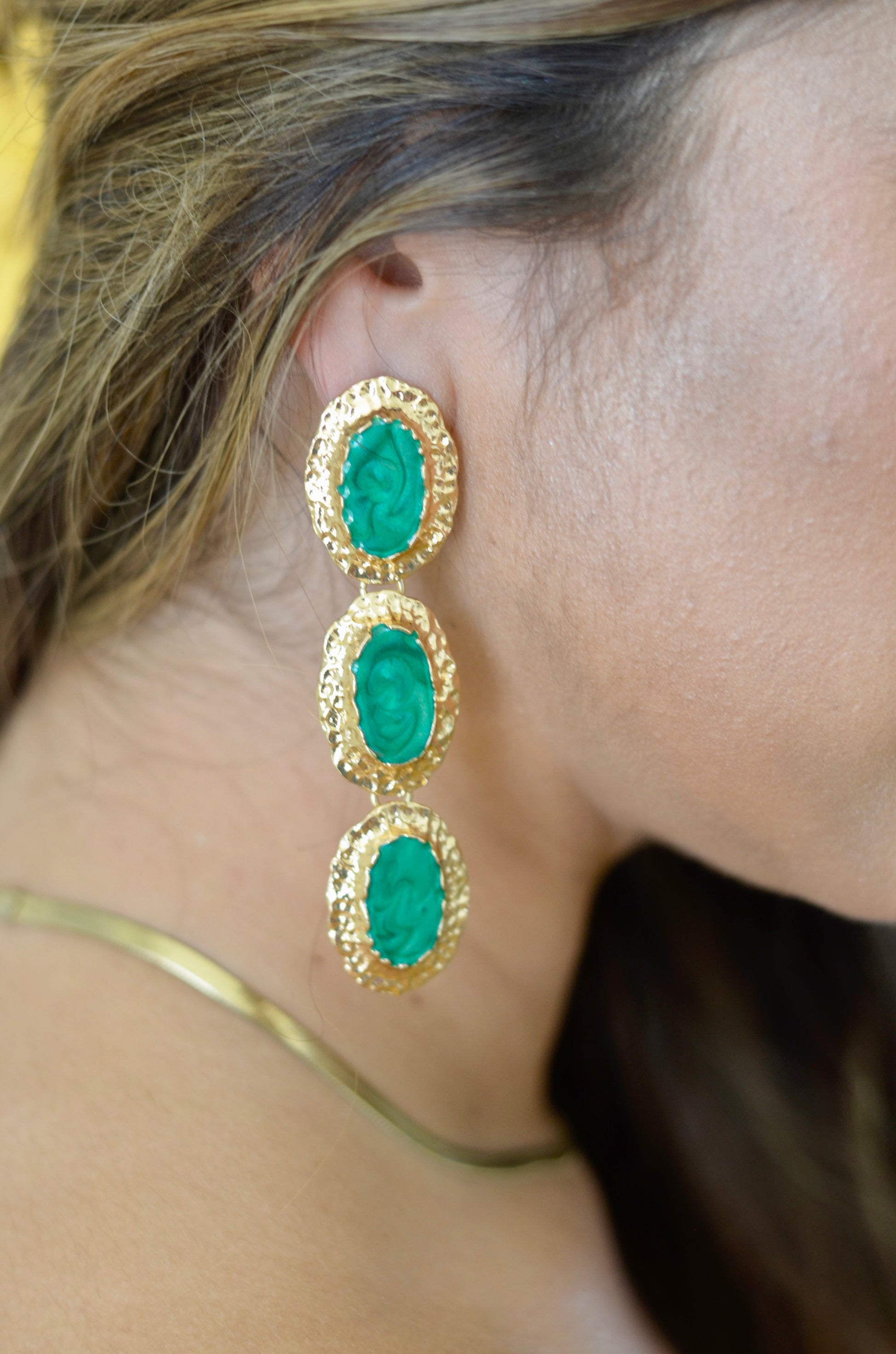 Green and gold three circles stacked earrings 