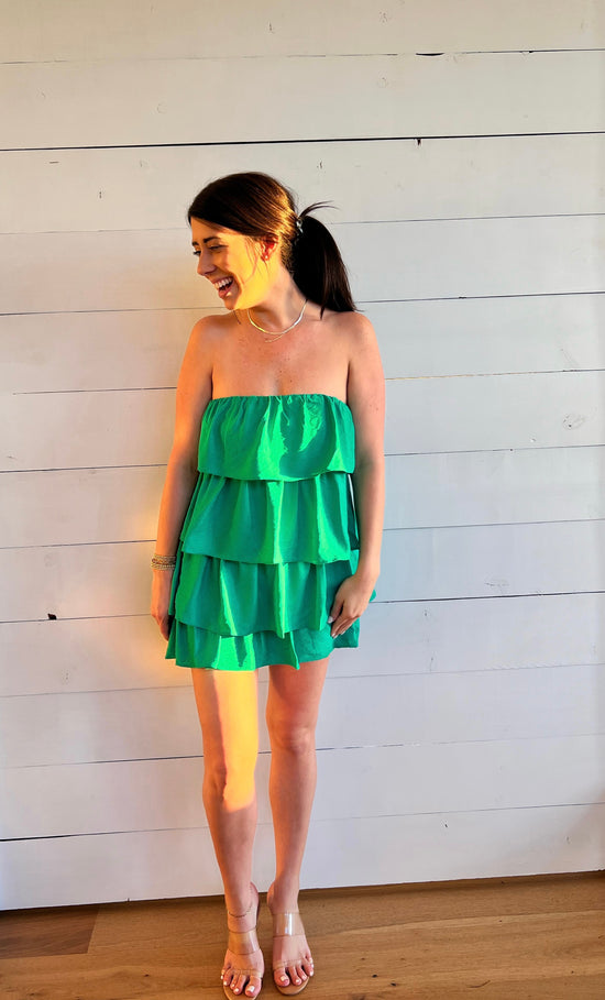 Green tiered ruffle romper front