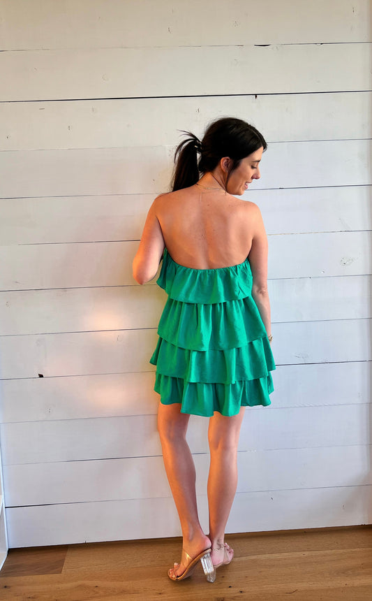 Green tiered ruffle romper back