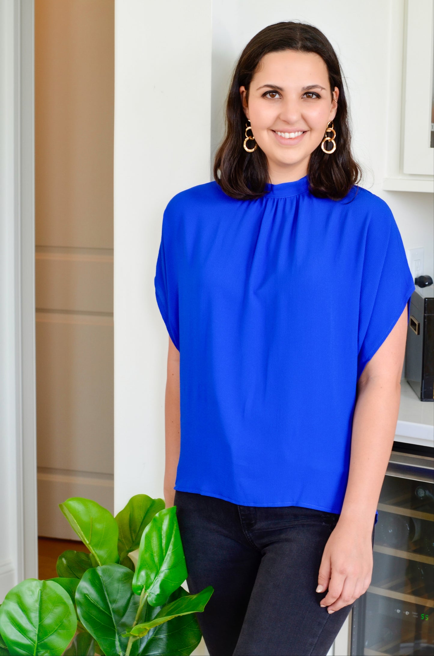 Royal blue mock neck top with cape 