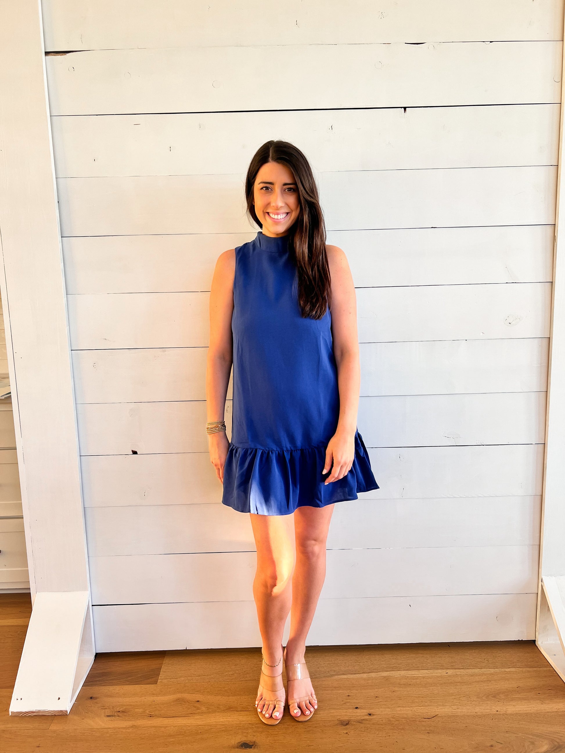 high neck royal blue dress with ruffle at bottom