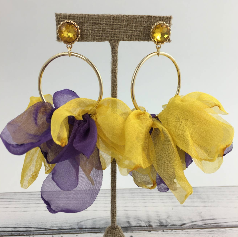 Purple and Gold Chiffon Hoop Earrings