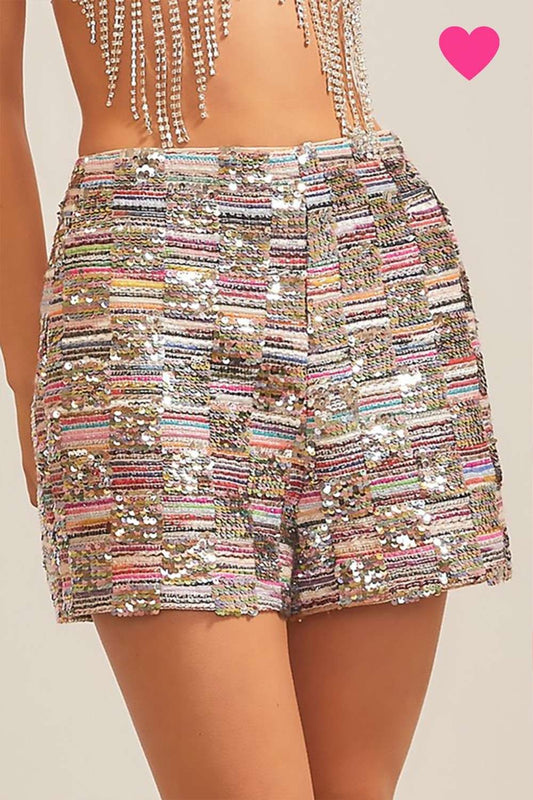 Sequin and tweed shorts front